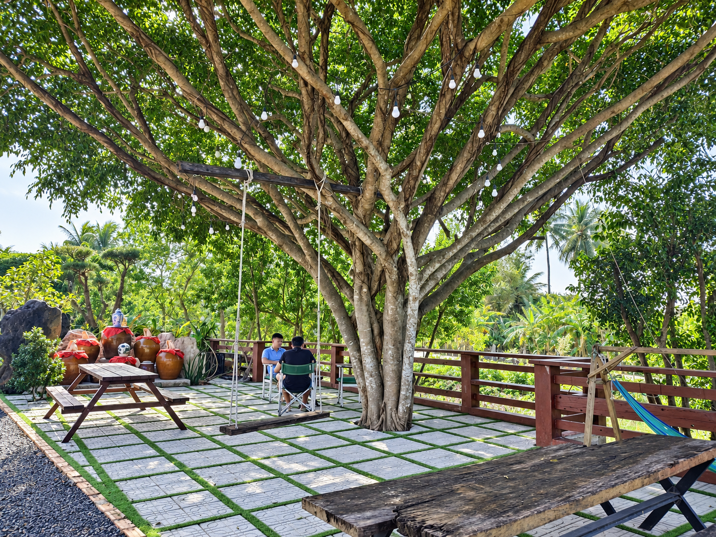 Tán cây lớn và khu vườn bên sông tại Saturday Homestay